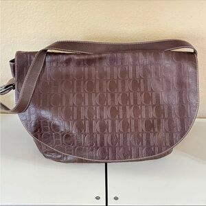 Carolina Herrera Oversized CH Brown Leather Messenger Travel Bag